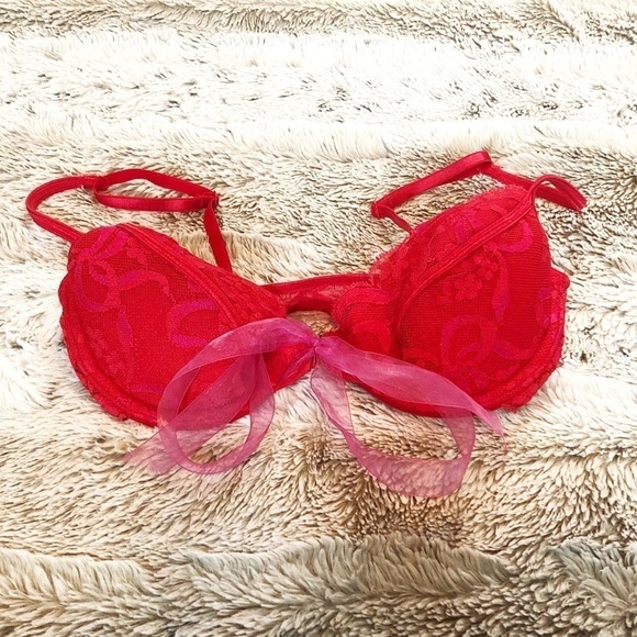 🆕 Victoria’s Secret solid red lace front closure bra pink tie padded - Picture 8 of 11